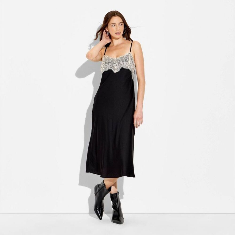 wild fable Black Slip Dress with Cream Lace Trim - Picture 2 of 3